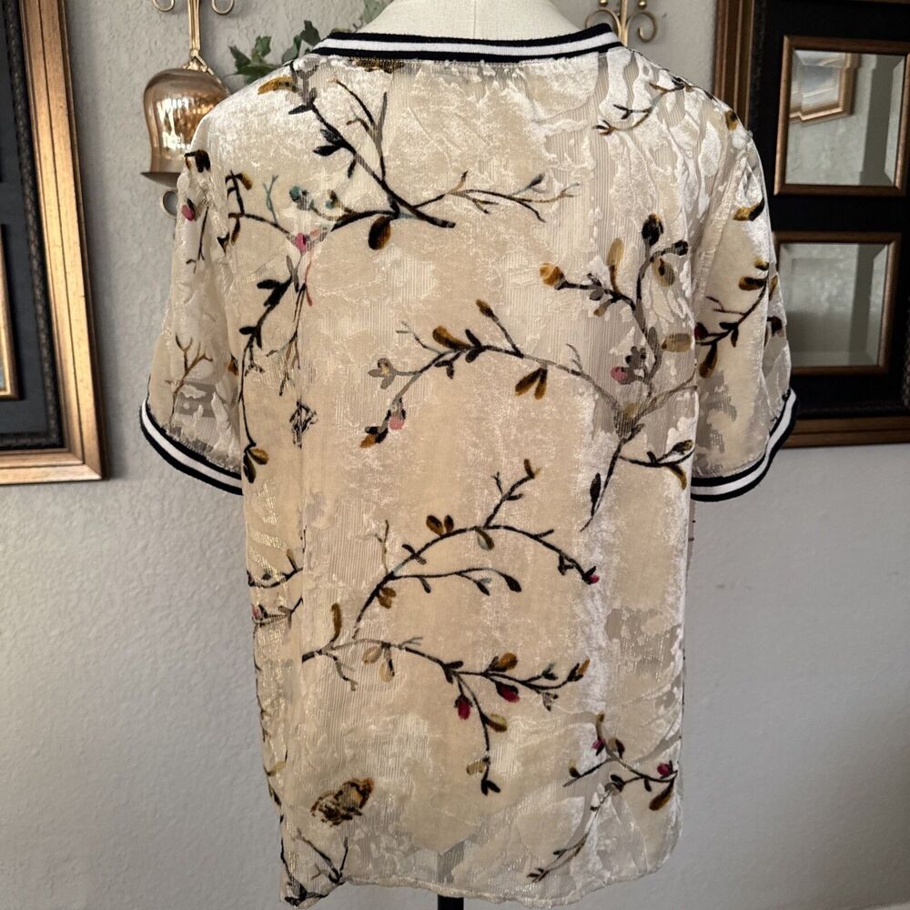 Womens Floral Blouse Short Sleeve Beige Boho Casual Top Lightweight Chic M - Picture 9 of 12
